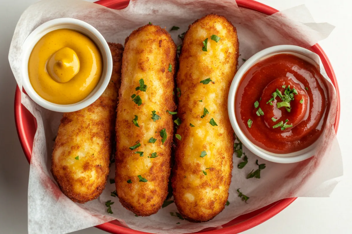 Air-fried frozen corn dogs arranged in a basket with dipping sauces