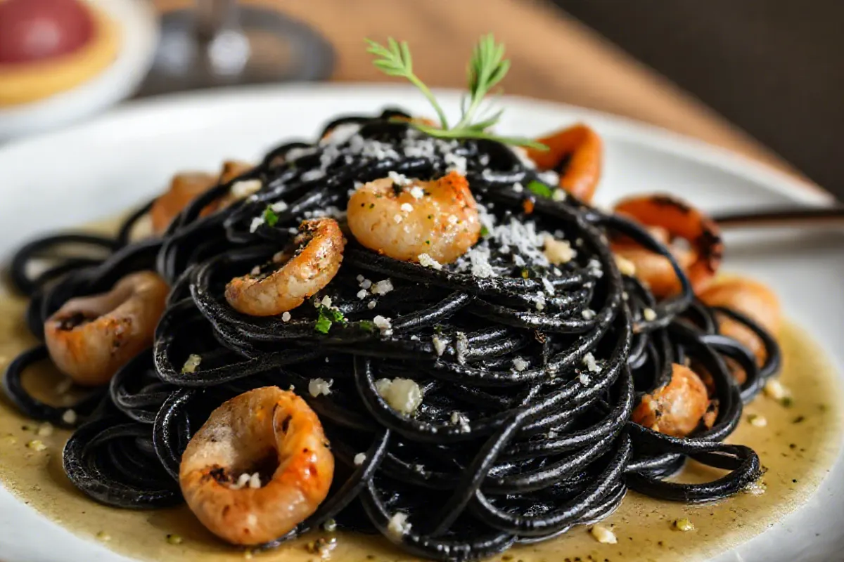 Close-up of black spaghetti served with seafood in a light olive oil and garlic sauce.