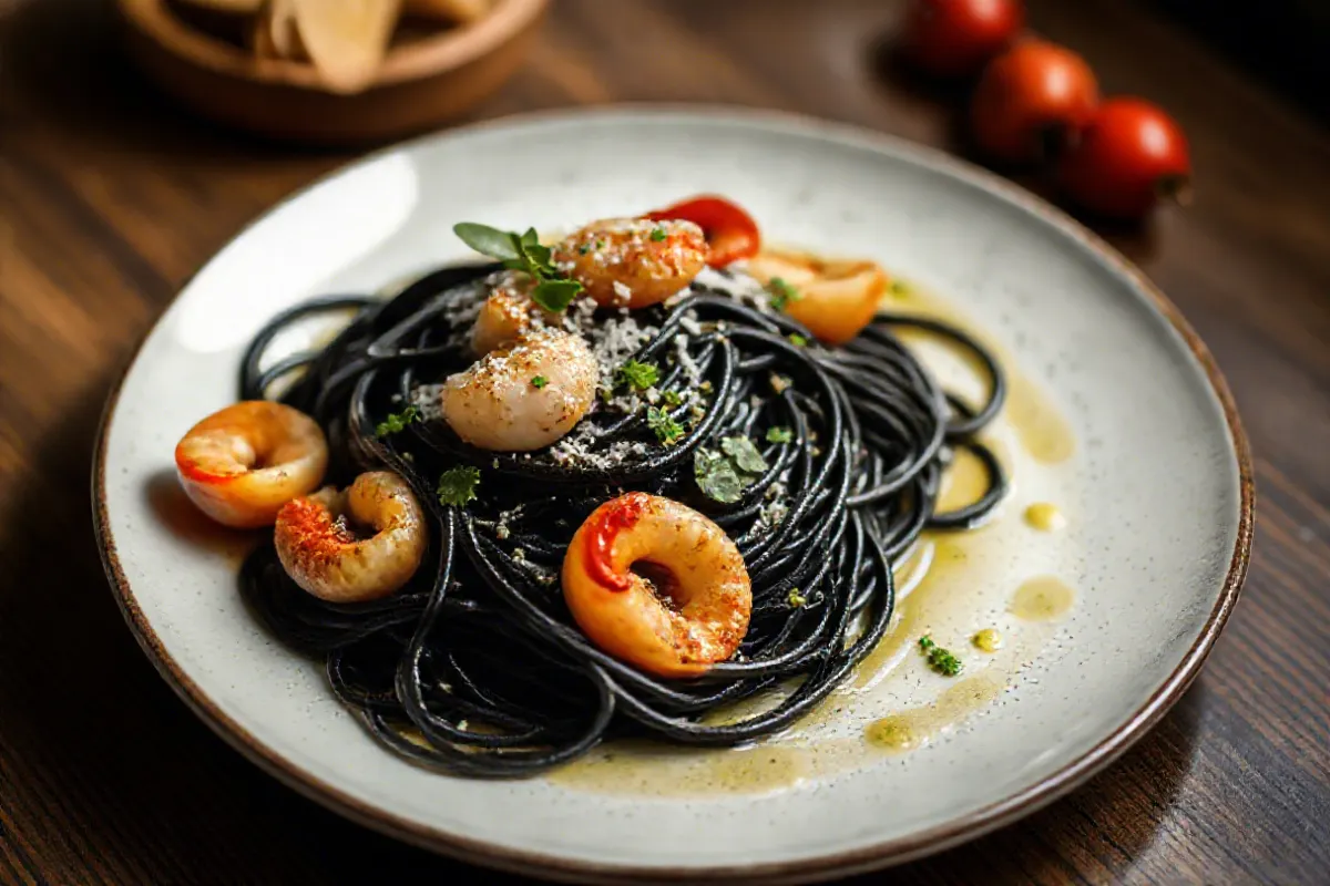 Close-up of black spaghetti served with seafood in a light olive oil and garlic sauce.