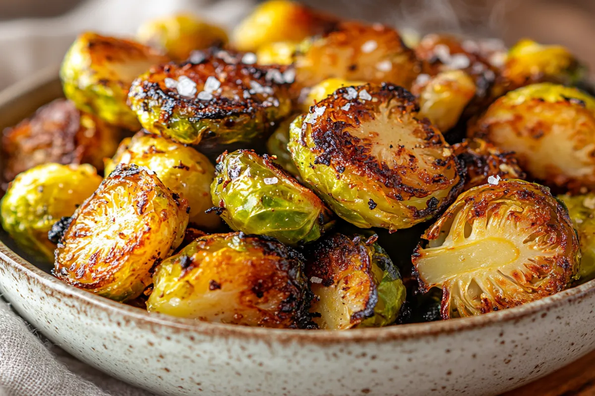 Crispy air-fried frozen Brussels sprouts in a bowl