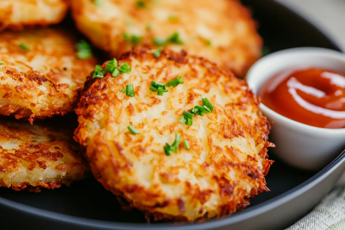 Crispy golden air fryer hash brown patties on a white plate