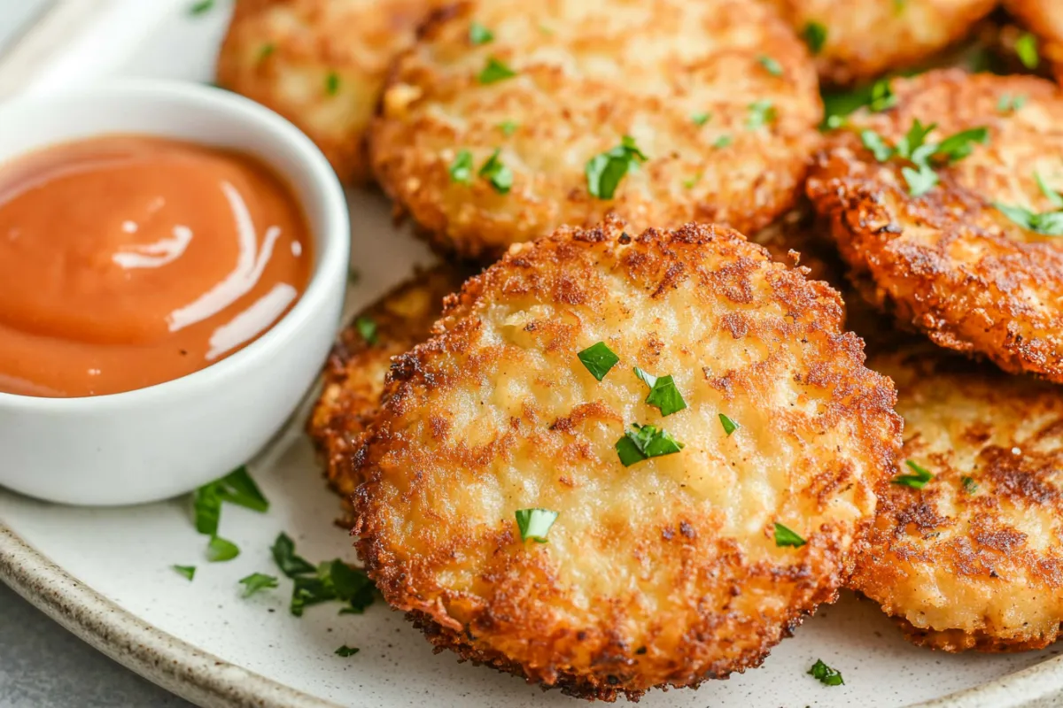 Crispy golden air fryer hash brown patties on a white plate