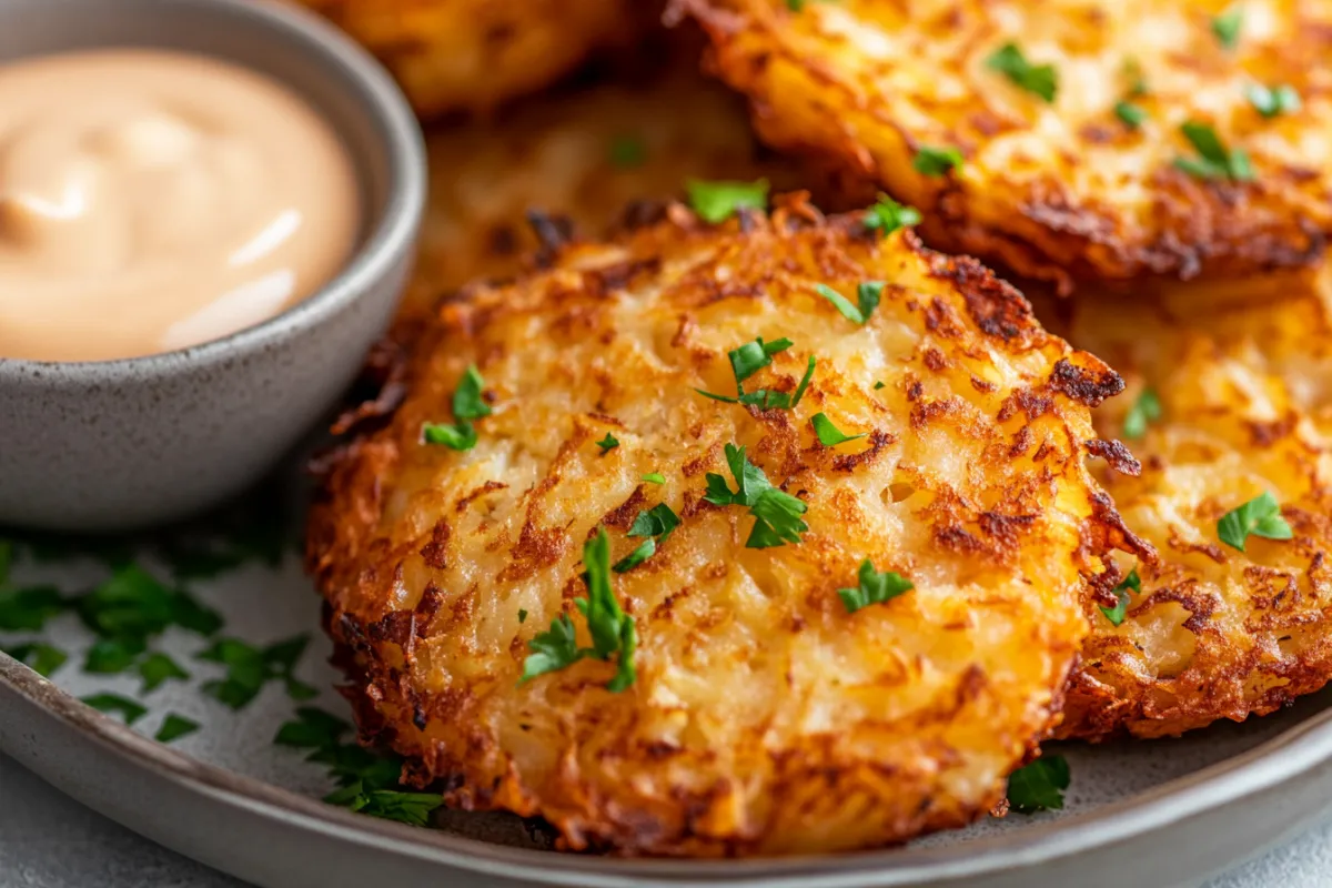 Crispy golden air fryer hash brown patties on a white plate