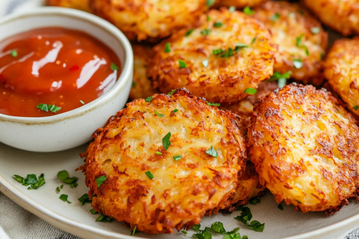 Crispy golden air fryer hash brown patties on a white plate