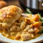 Crockpot Chicken Pot Pie served in a bowl with a biscuit on top.