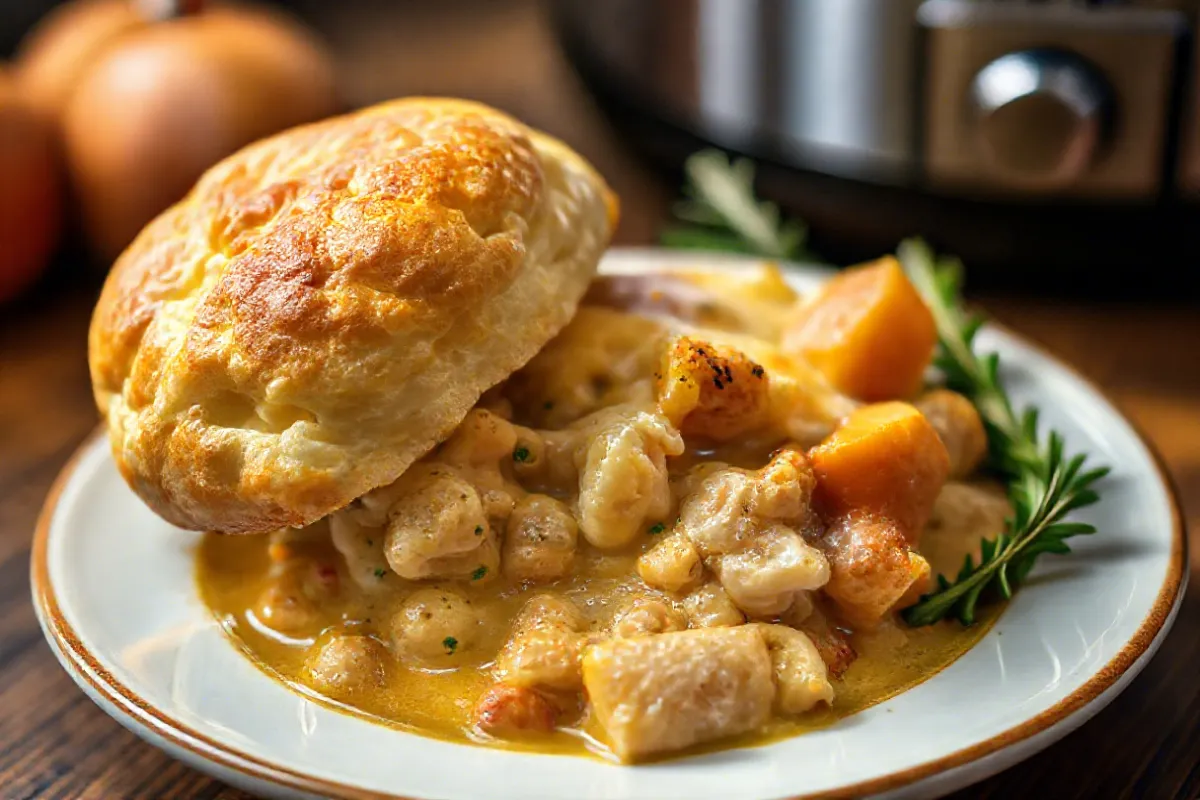 Crockpot Chicken Pot Pie served in a bowl with a biscuit on top.