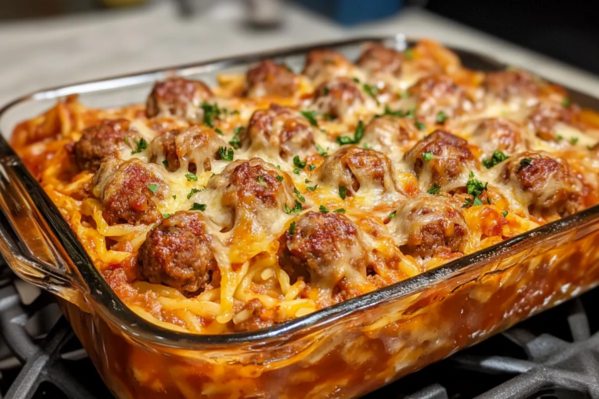 Dump and bake meatball casserole with melted cheese and pasta