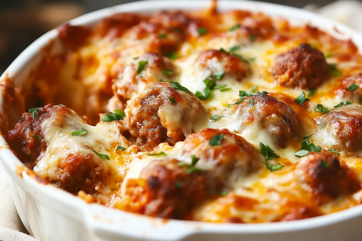 Dump and bake meatball casserole with melted cheese and pasta