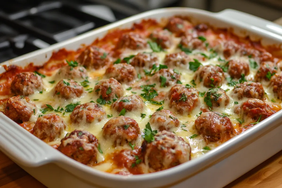 Dump and bake meatball casserole with melted cheese and pasta