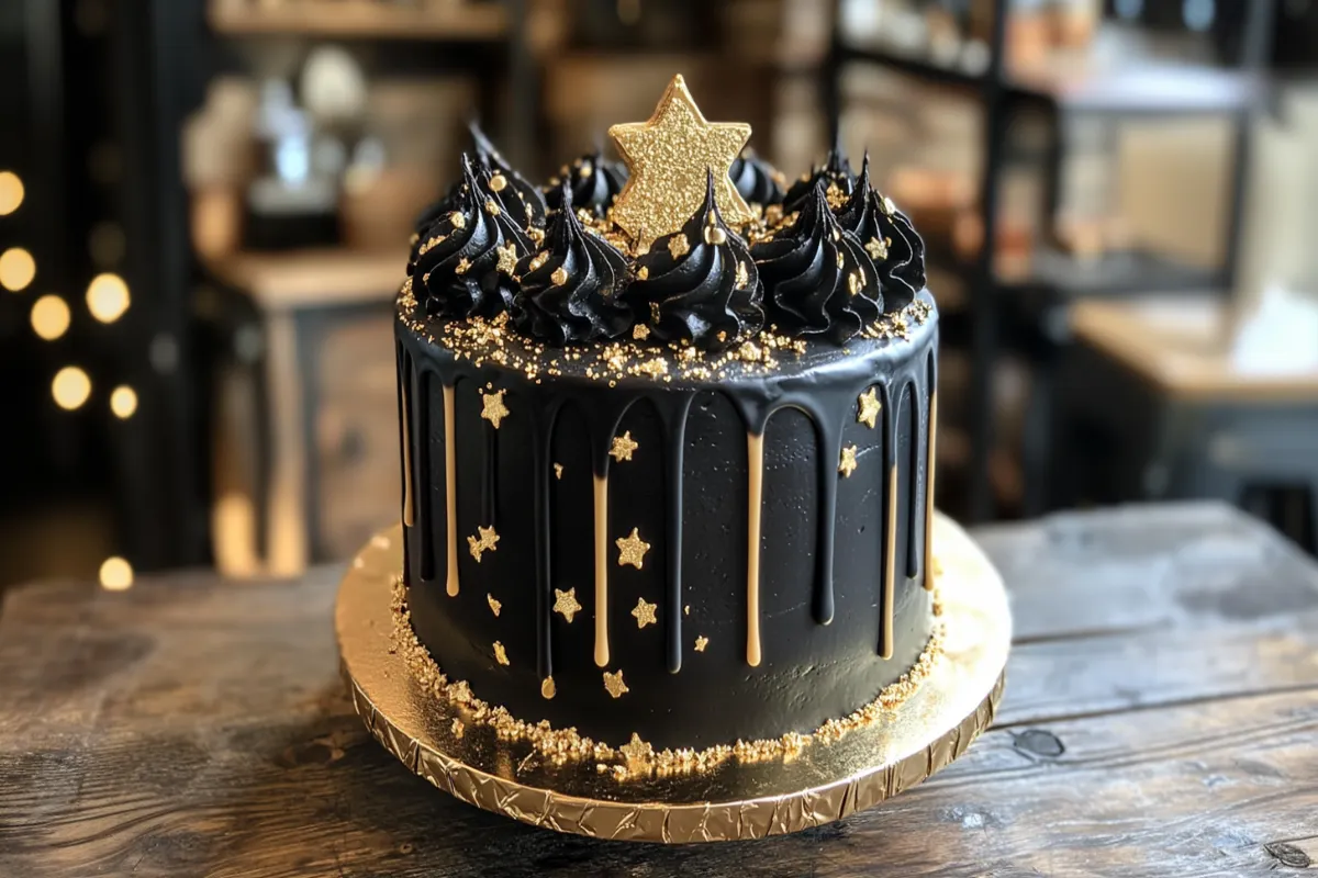 Elegant black birthday cake with gold accents