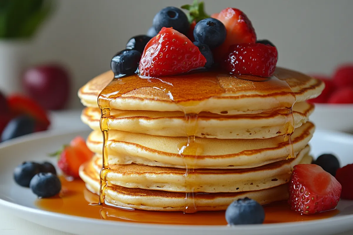 Fluffy Kodiak pancakes on a plate with a side of fresh fruit.