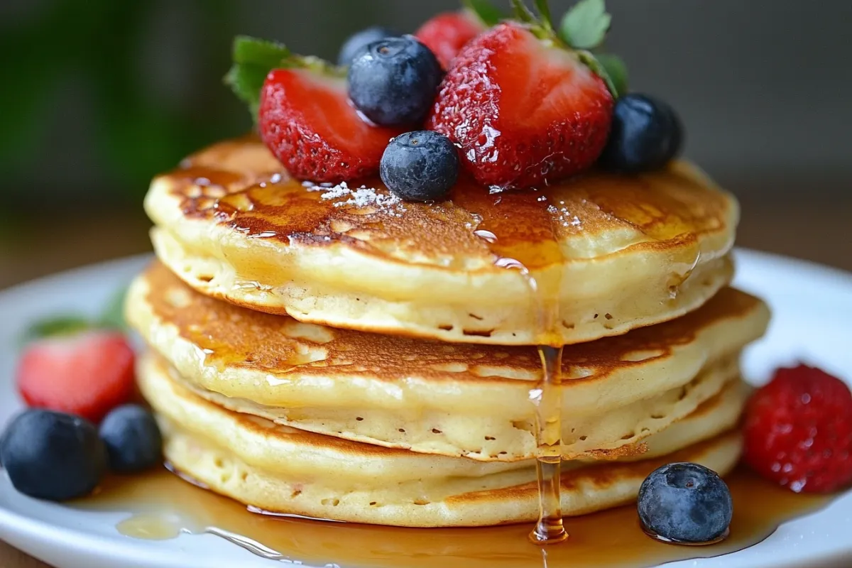 Fluffy Kodiak pancakes on a plate with a side of fresh fruit.

