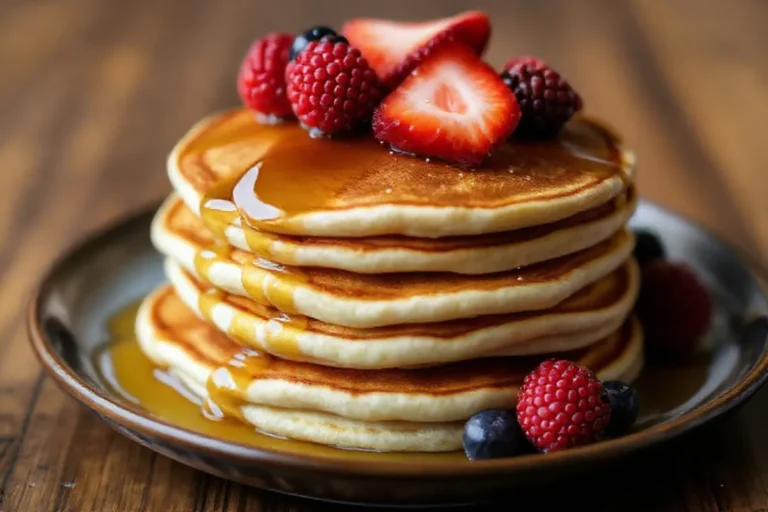 Fluffy Kodiak pancakes served with berries and syrup.