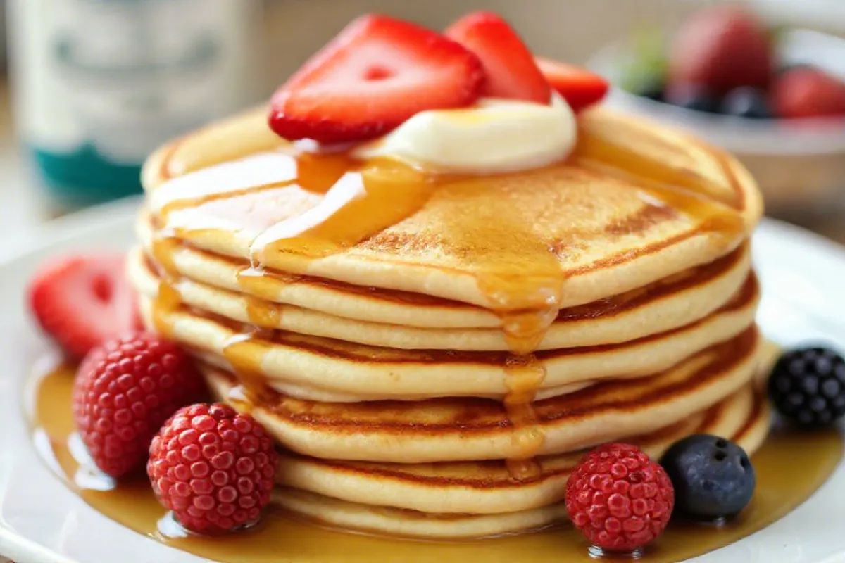 Fluffy Kodiak pancakes served with berries and syrup.
