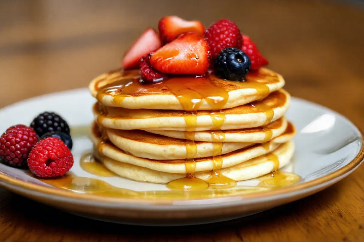 Fluffy Kodiak pancakes served with berries and syrup.
