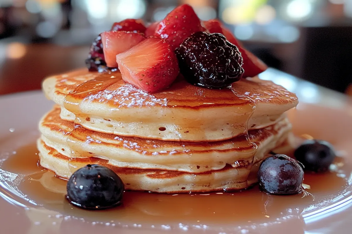 Fluffy pancakes made with Kodiak pancake mix.