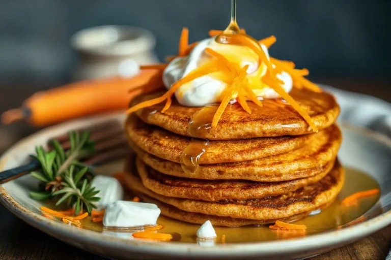 Fluffy protein pancakes with shredded carrots topped with yogurt and honey