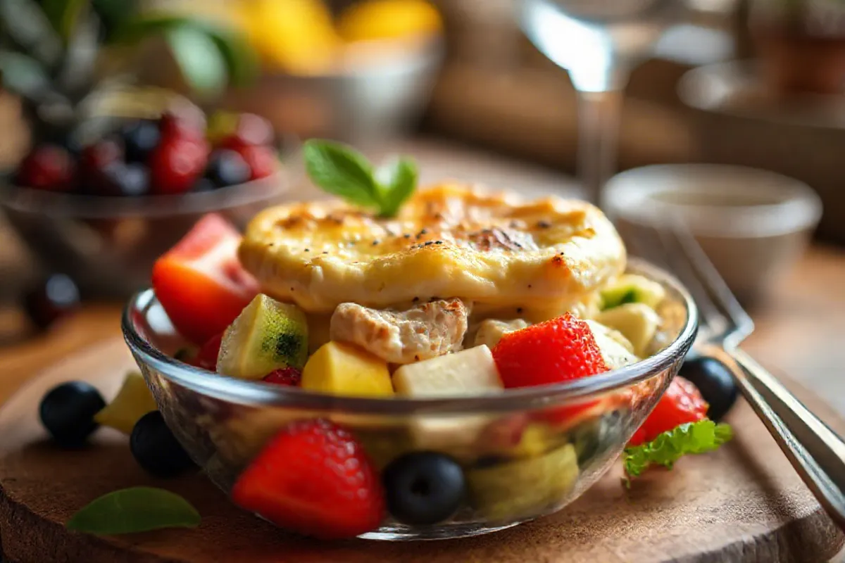 Fresh fruit salad with chicken pot pie