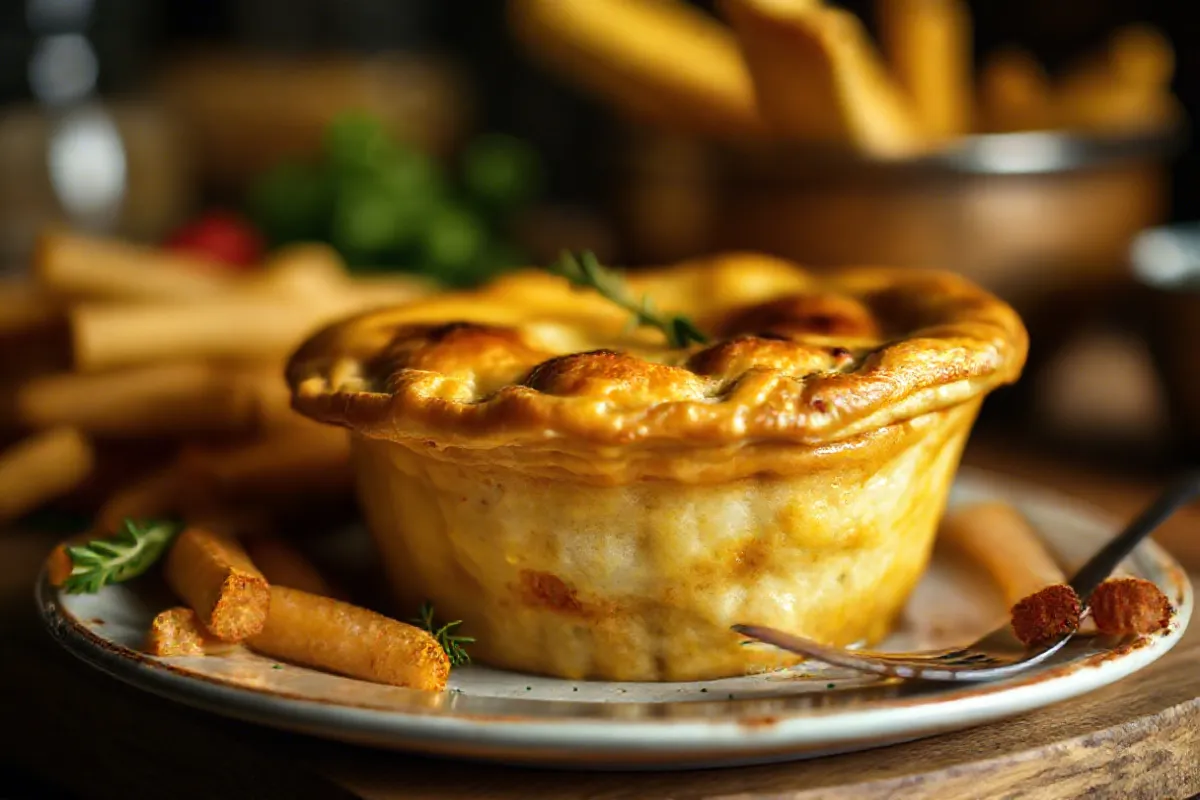 Golden-brown gluten-free chicken pot pie with a flaky crust