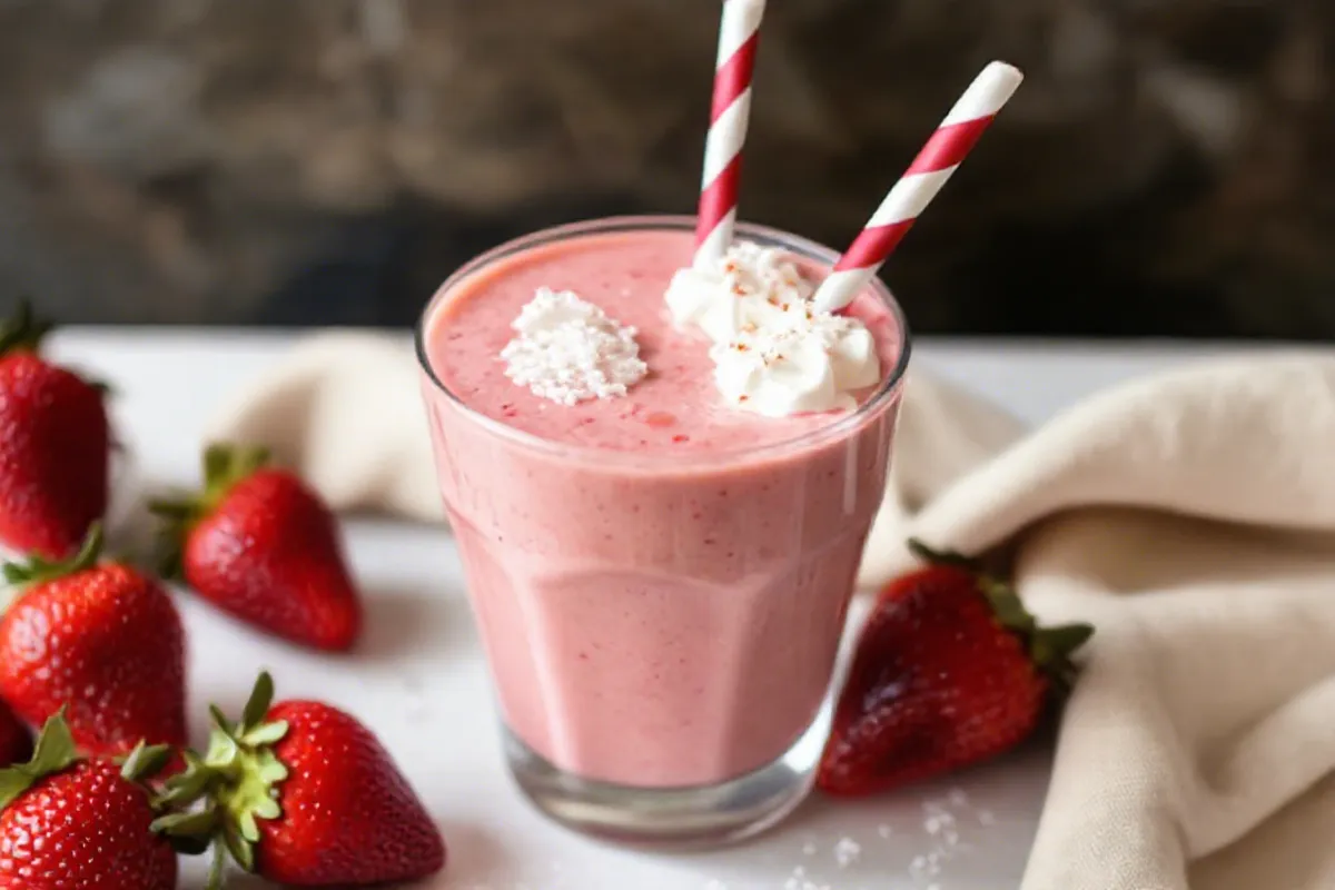 Hailey Bieber Strawberry Glaze Skin Smoothie in a glass, decorated with coconut cream.