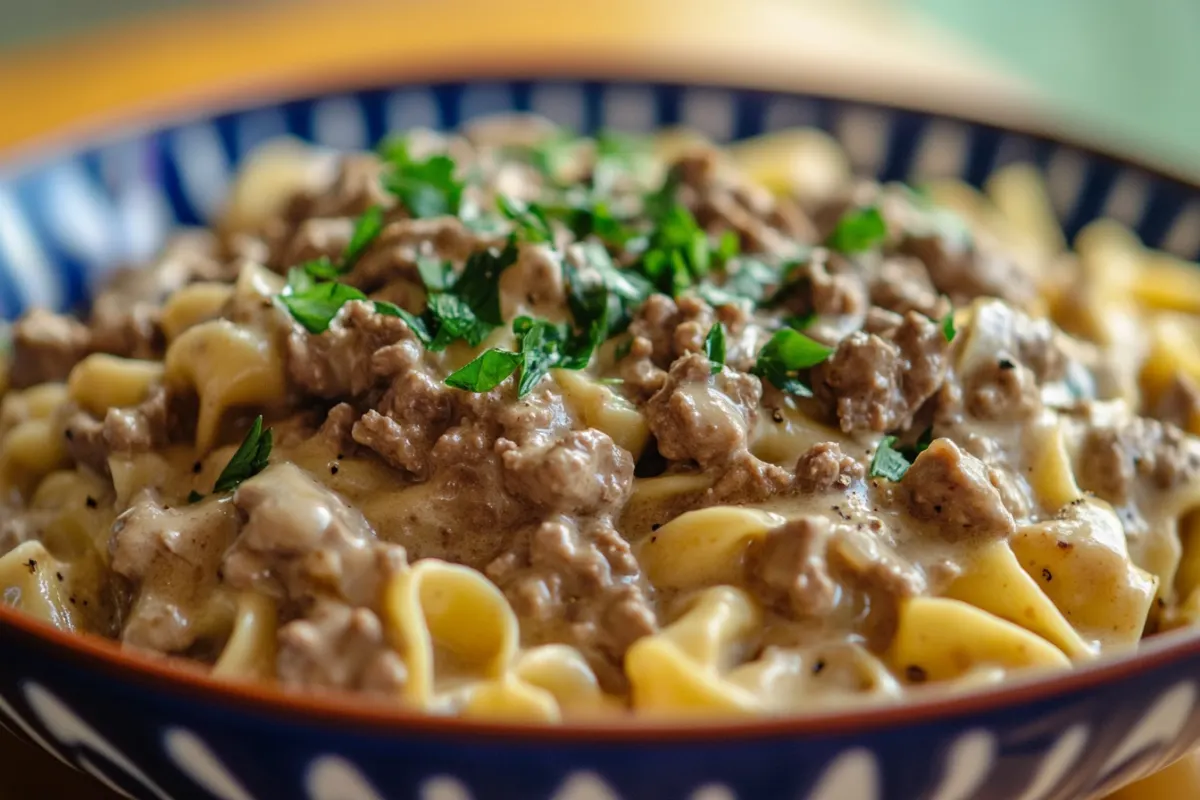 A serving of creamy Hamburger Helper Beef Stroganoff with pasta and ground beef on a plate, perfect for a quick dinner.