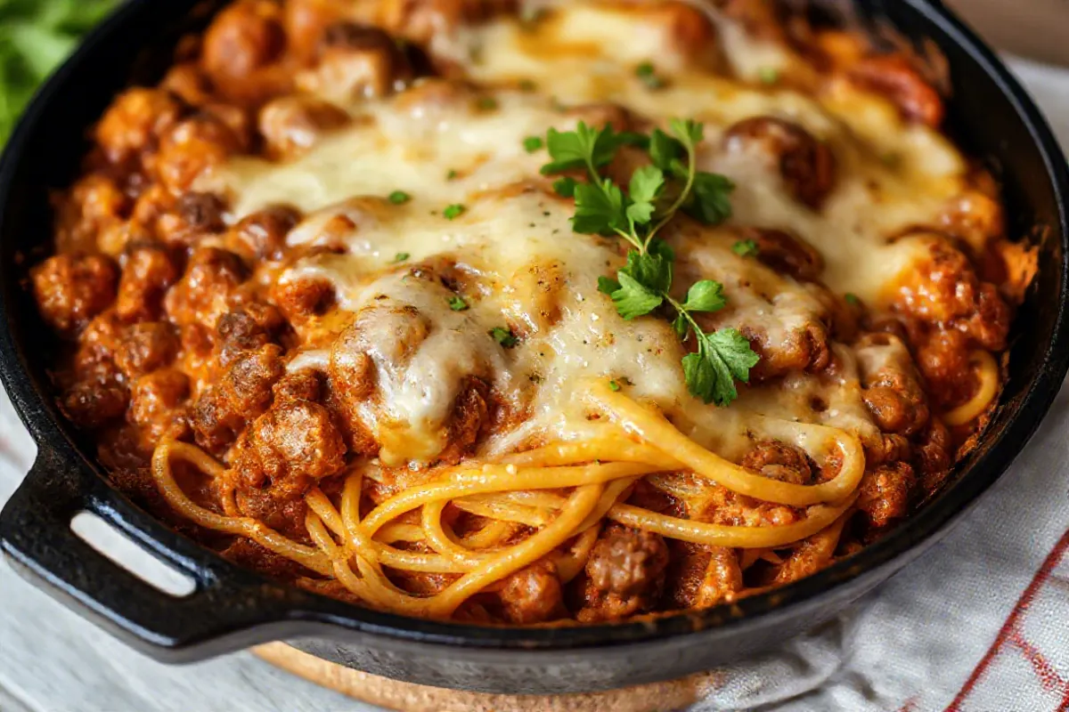 Smoked hamburger casserole topped with melted cheese, served in a cast iron pan.