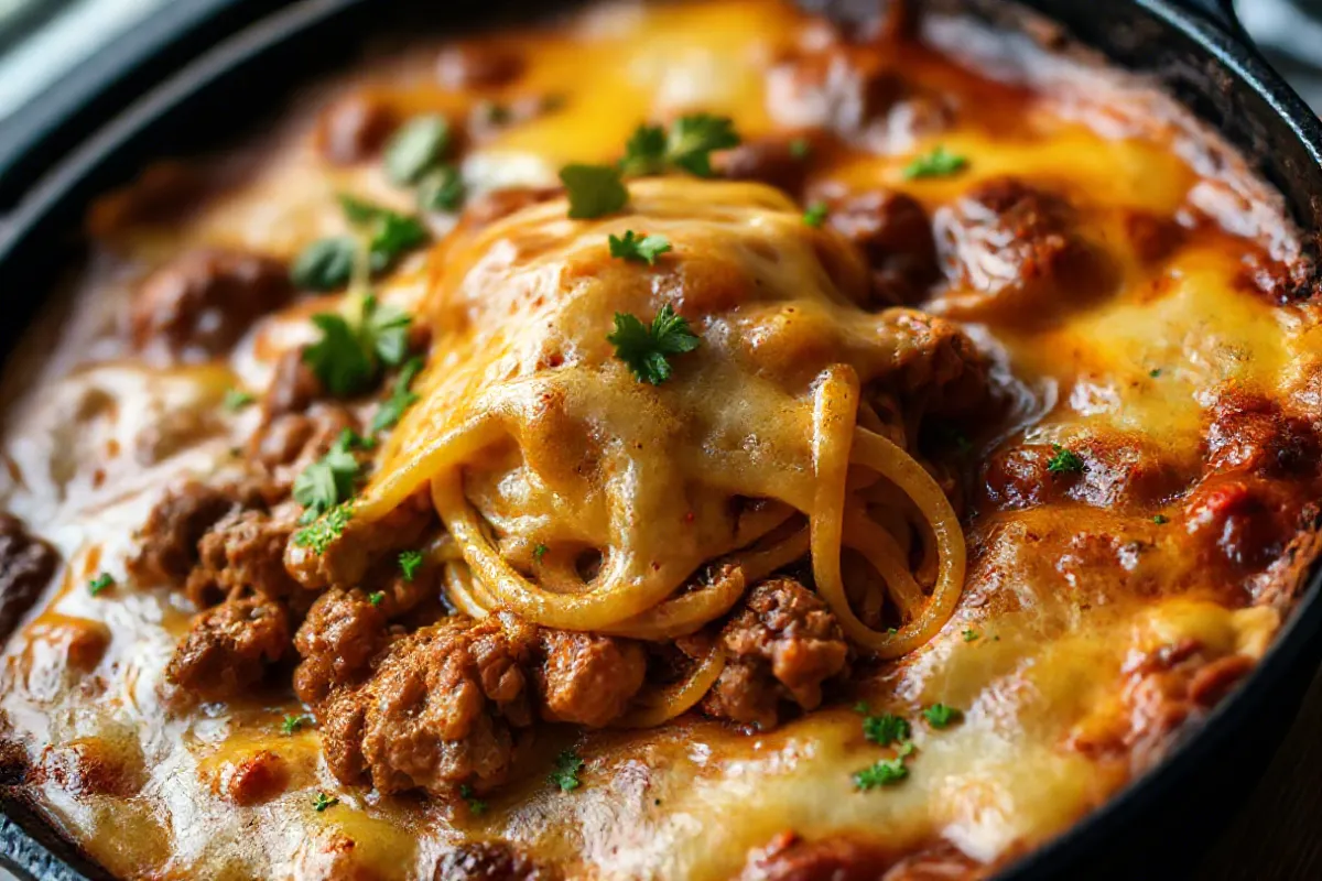 Smoked hamburger casserole topped with melted cheese, served in a cast iron pan.

