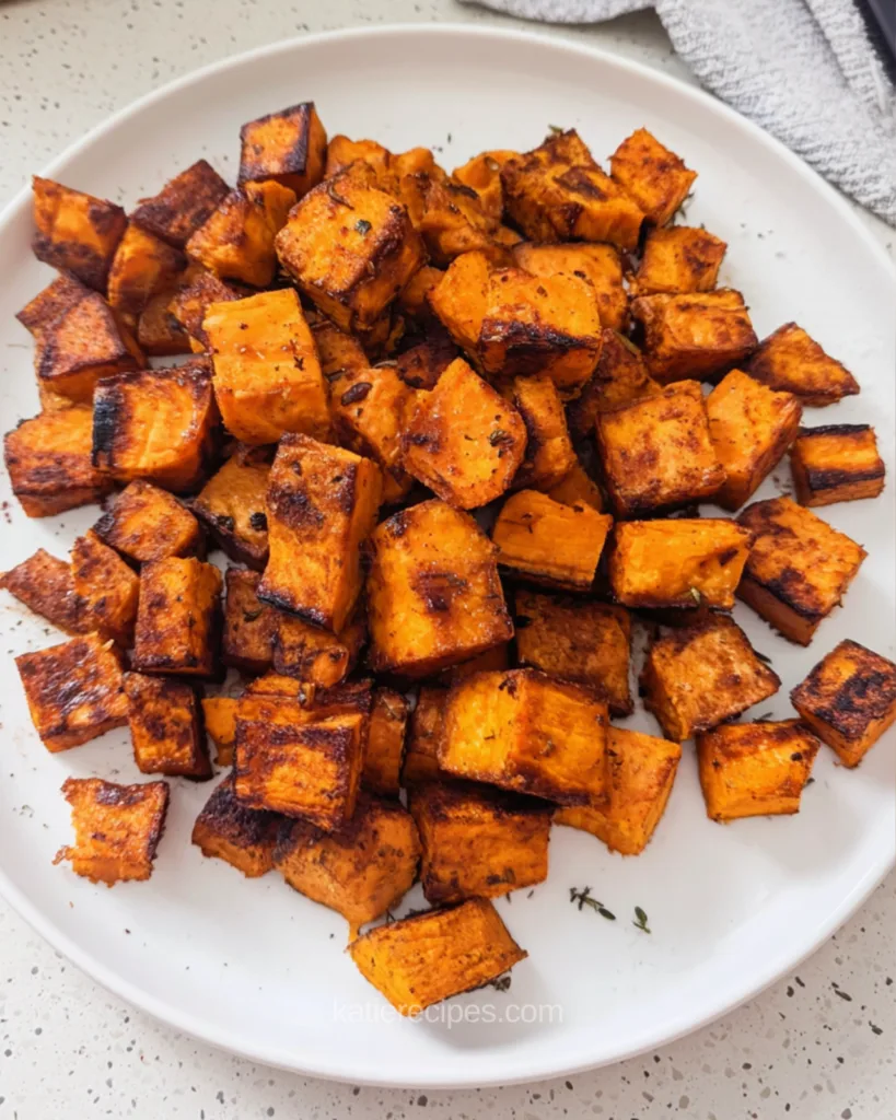 Crispy air fryer sweet potato cubes with caramelized edges on a white plate