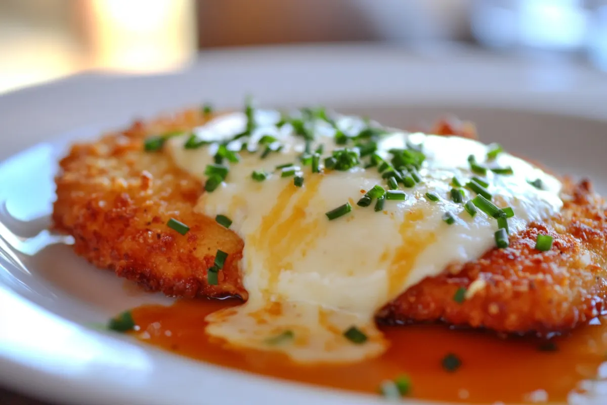 A plate of Chicken Parmesan with Alfredo sauce drizzled over crispy breaded chicken