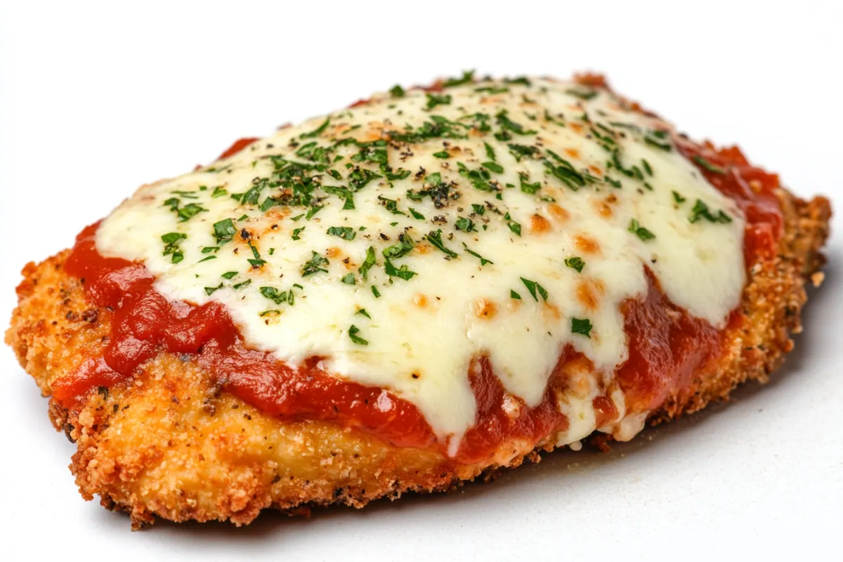 A plate of Chicken Parmesan with Alfredo sauce drizzled over crispy breaded chicken