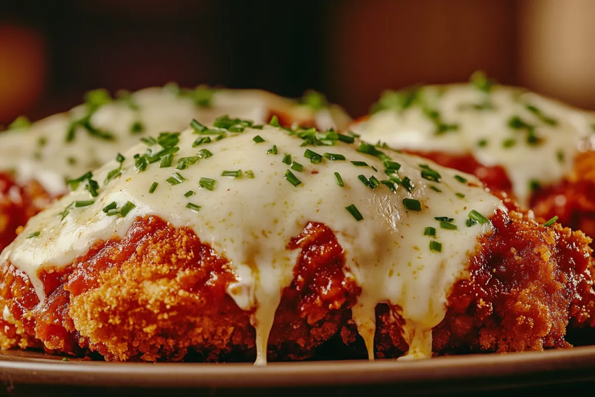 A plate of Chicken Parmesan with Alfredo sauce drizzled over crispy breaded chicken