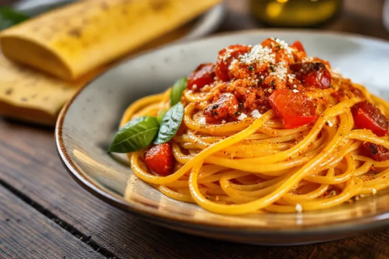 A plate of gluten-free spaghetti with fresh herbs and tomato sauce.