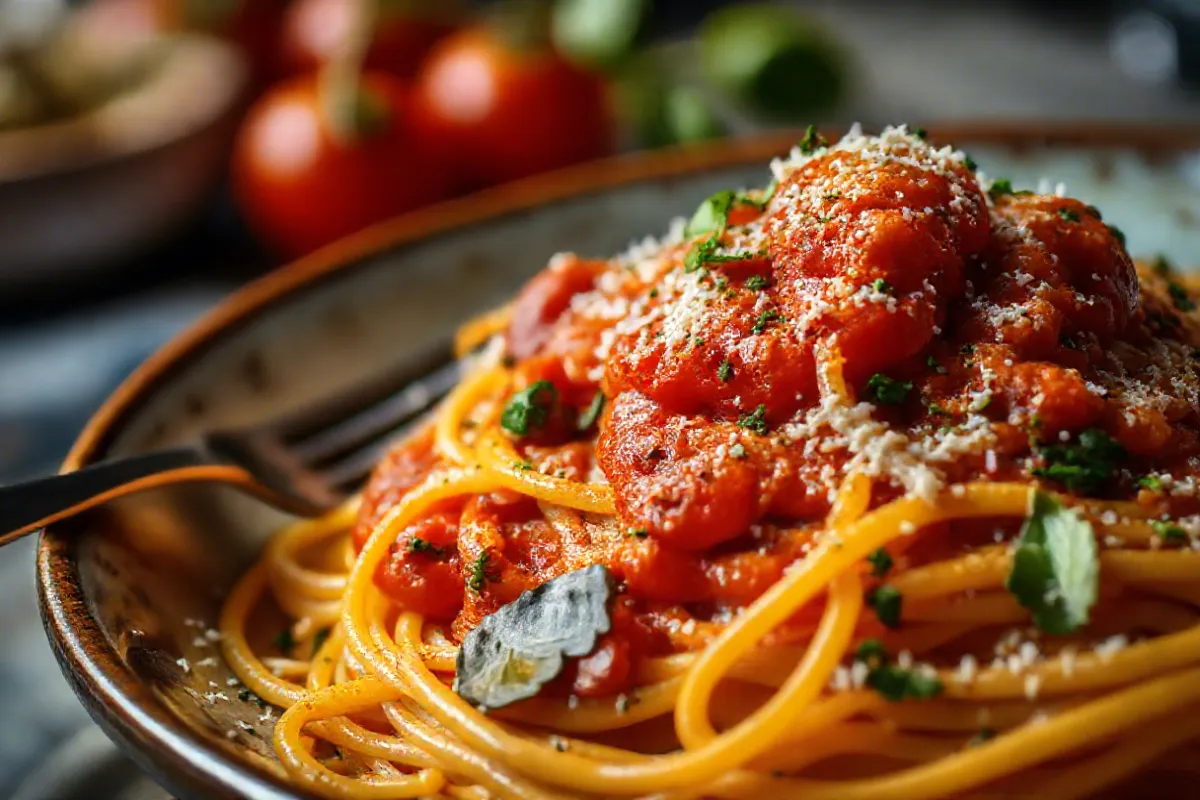 A plate of gluten-free spaghetti with fresh herbs and tomato sauce.