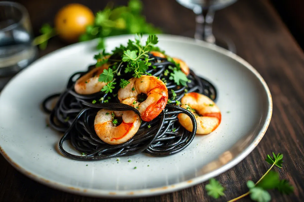 A serving of squid ink pasta with seafood and fresh herbs on a white plate.