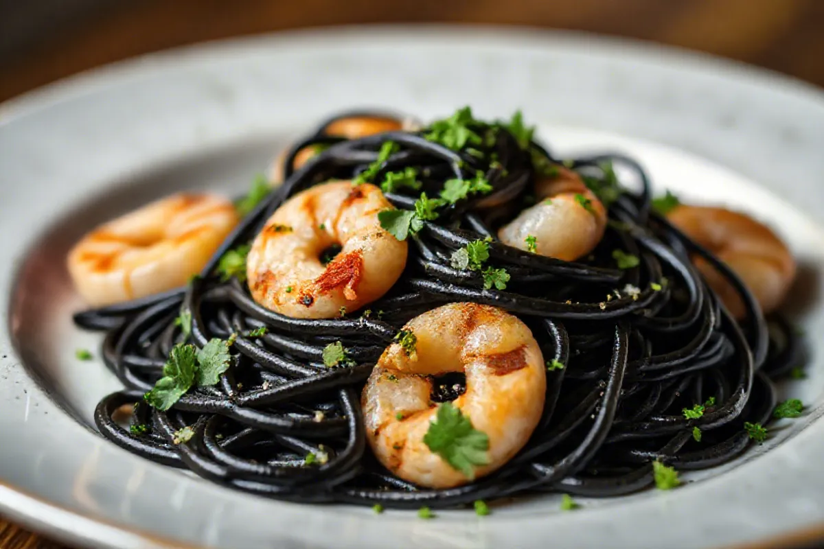 A serving of squid ink pasta with seafood and fresh herbs on a white plate.