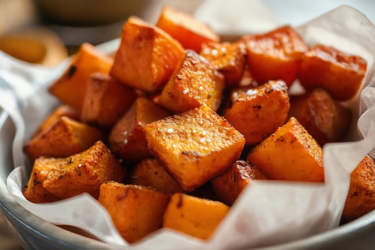 Crispy air fryer sweet potato cubes in a bowl