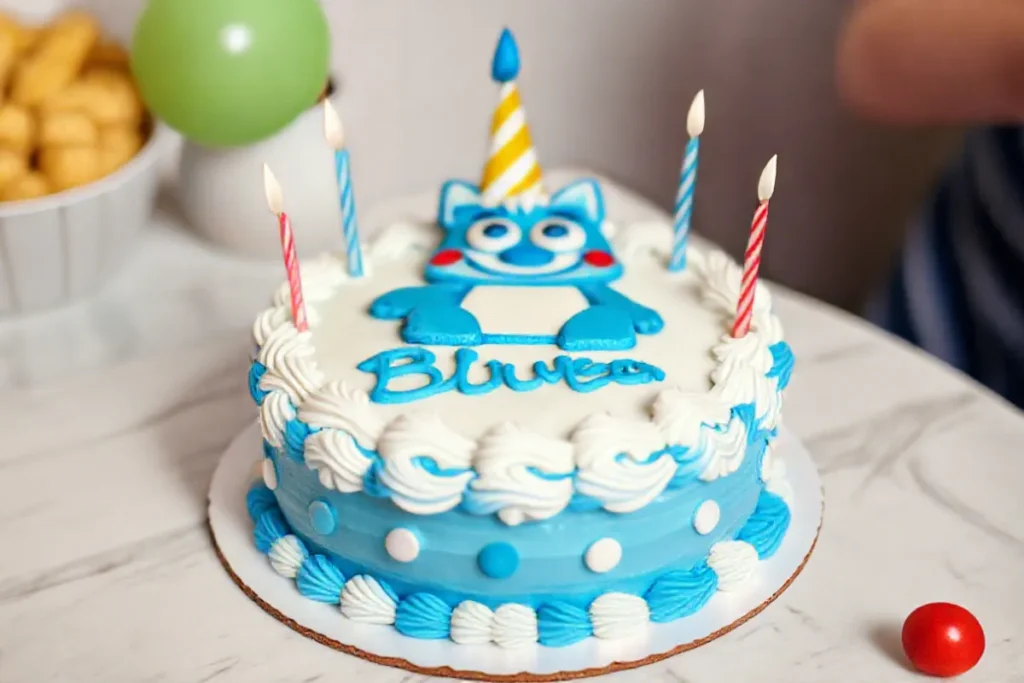 A colorful Bluey birthday cake decorated with buttercream and fondant featuring the character Bluey.