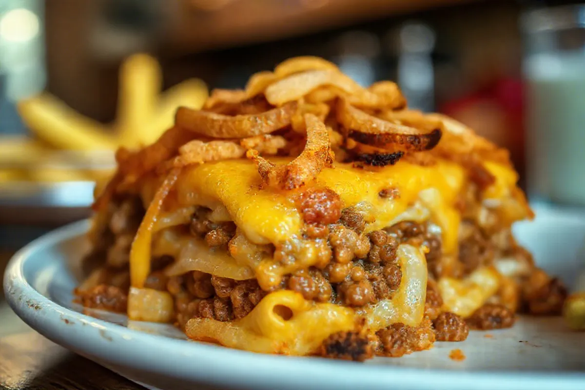 obo casserole with ground beef, potatoes, cheese, and crispy onions.