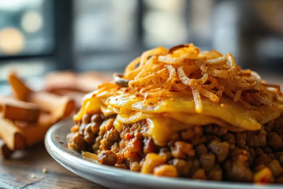 Hobo casserole with ground beef, potatoes, cheese, and crispy onions.

