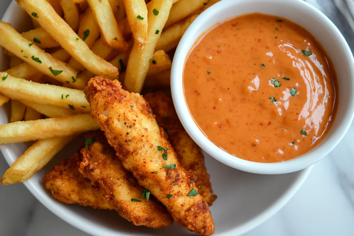 A bowl of homemade Cane’s Sauce with crispy chicken fingers and fries.