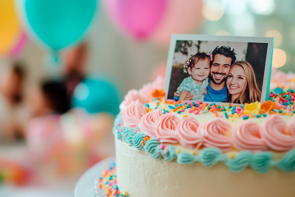 A cake with a printed edible image of a family photo on top.