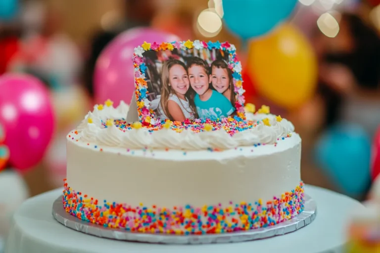 A cake with a printed edible image of a family photo on top.