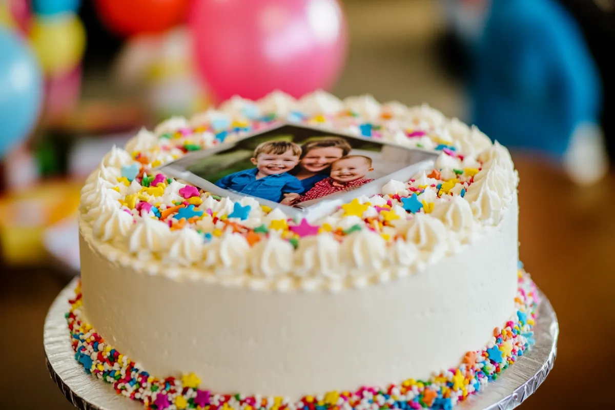 A cake with a printed edible image of a family photo on top.