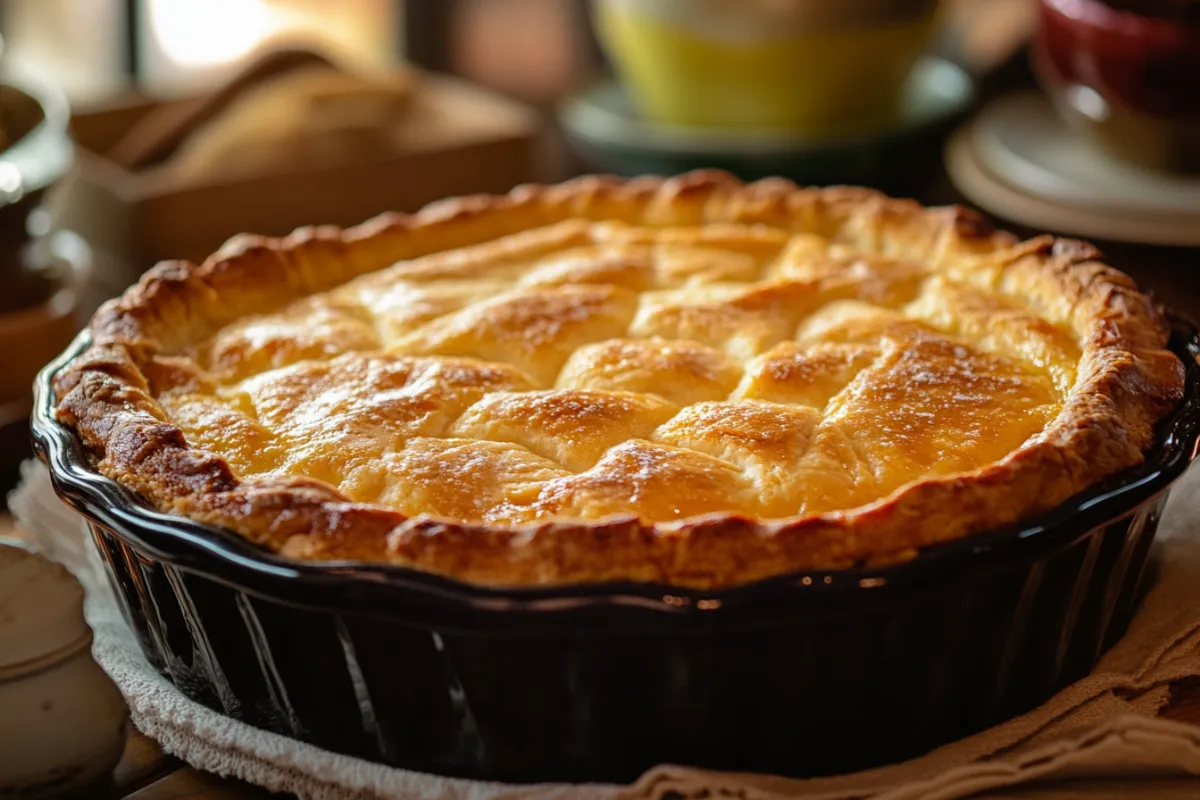 A freshly baked dump cake with a golden-brown top, ready to serve.