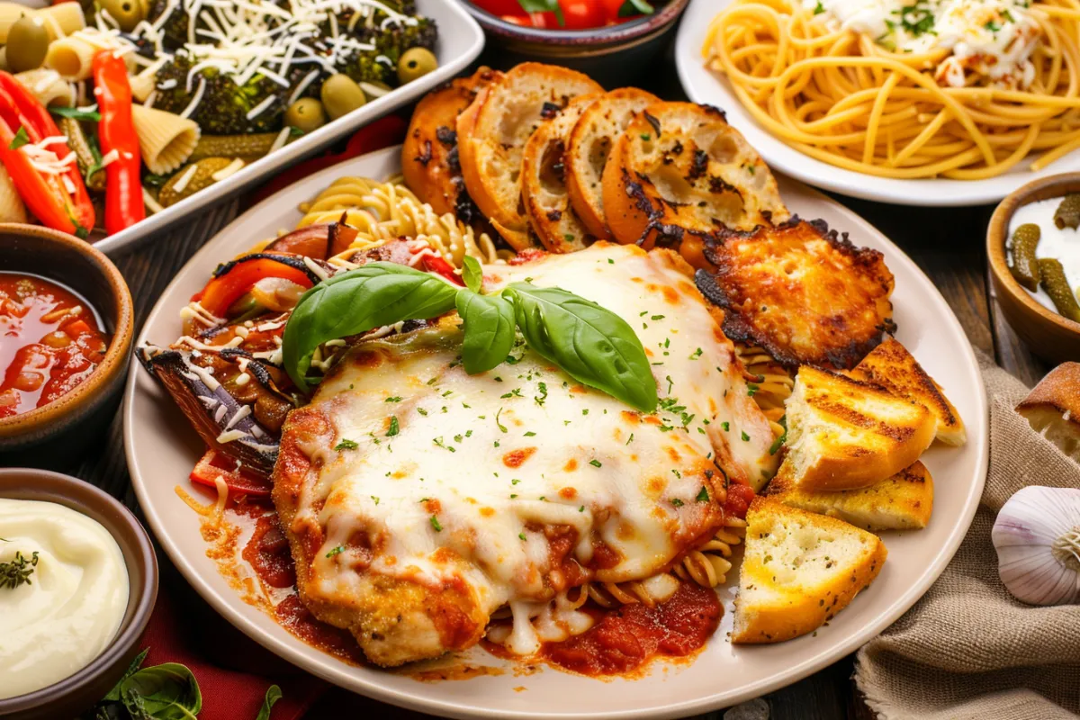 A plate of Chicken Parmesan with various side dishes including garlic bread, roasted vegetables, and pasta.