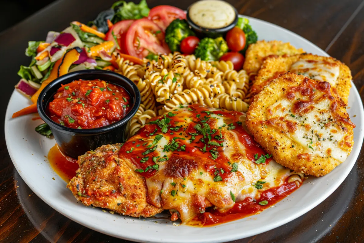 A plate of Chicken Parmesan with various side dishes including garlic bread, roasted vegetables, and pasta.