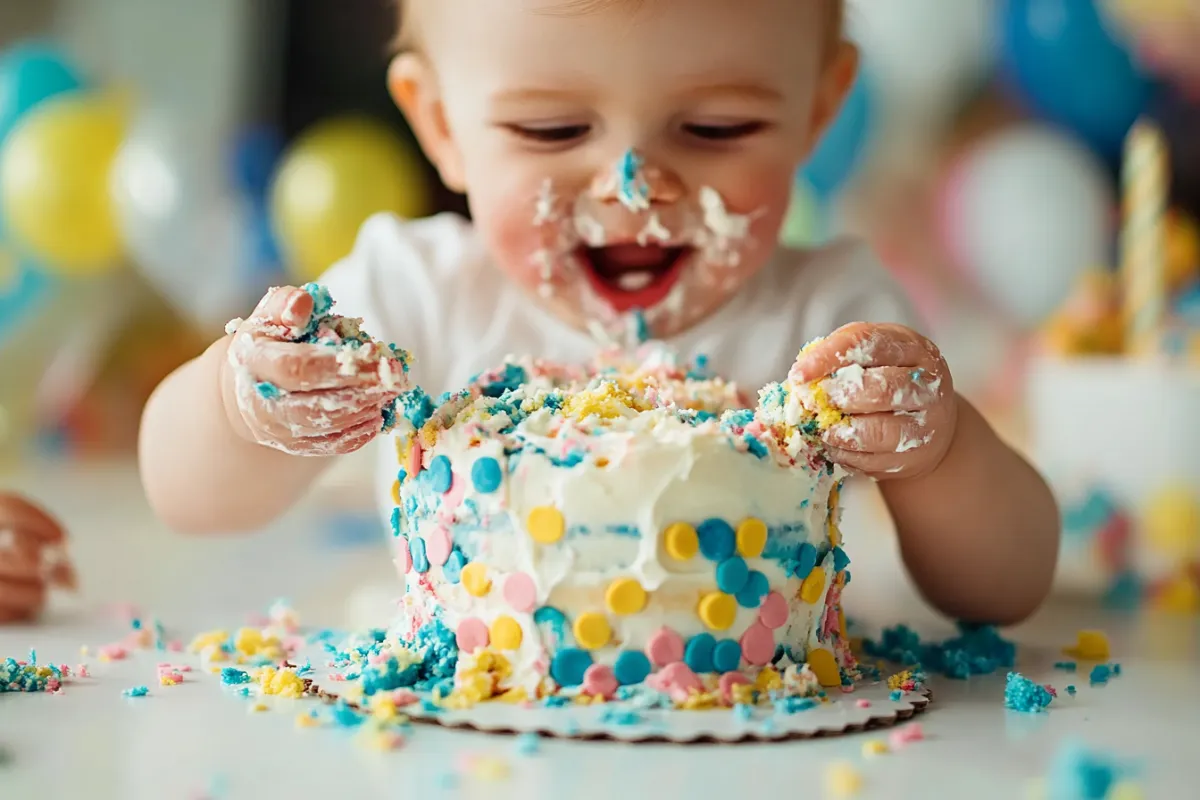 Baby smashing a colorful birthday cake with frosting during a first birthday celebration.