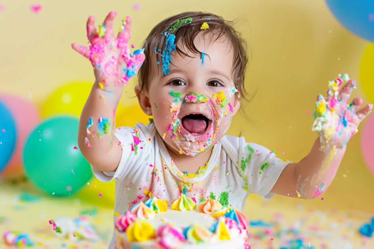 Baby smashing a colorful birthday cake with frosting during a first birthday celebration.

