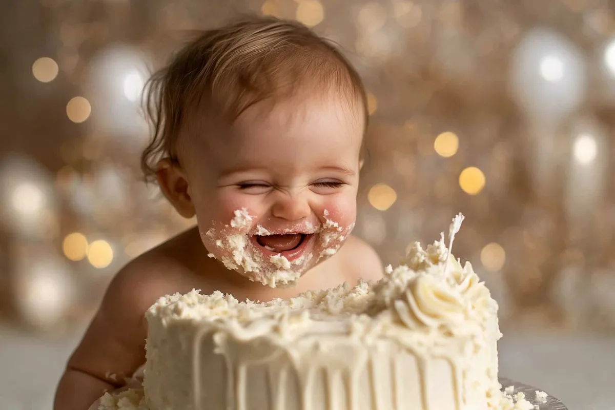 Baby smashing a vanilla cake with soft frosting.