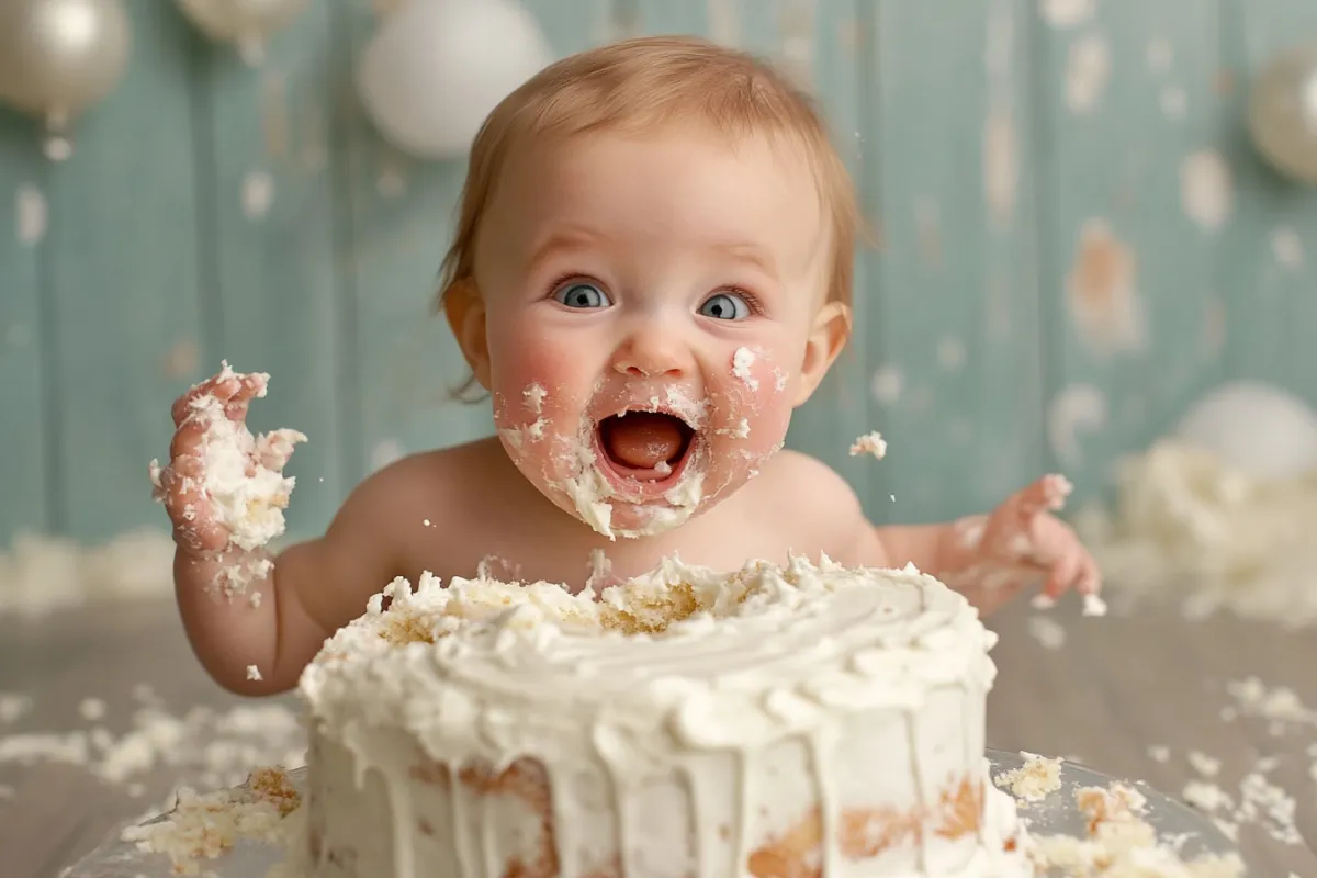 Baby smashing a vanilla cake with soft frosting.
